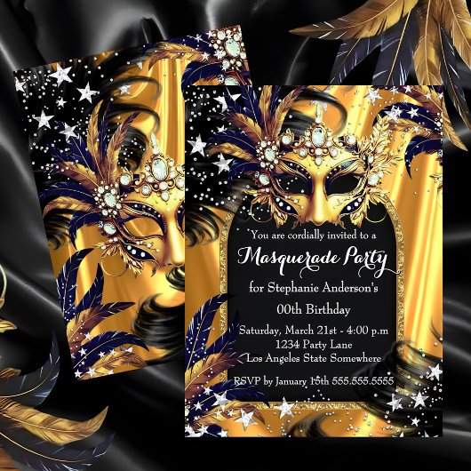 Invitation Soirée Magique Masquée Or Noir Argent