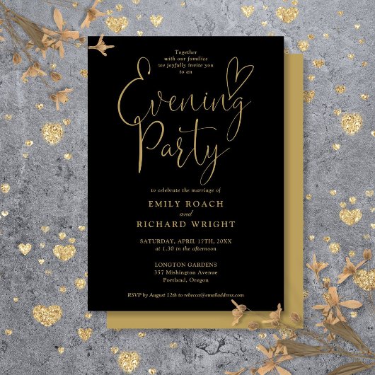 Invitation Soirée Mariage Black And Gold Heart Script