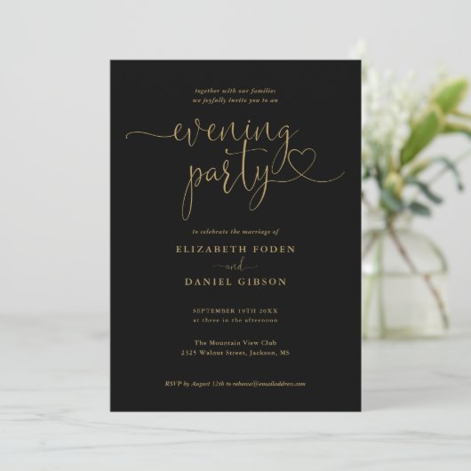 Invitation Soirée Mariage Black And Gold Script (Debout devant)