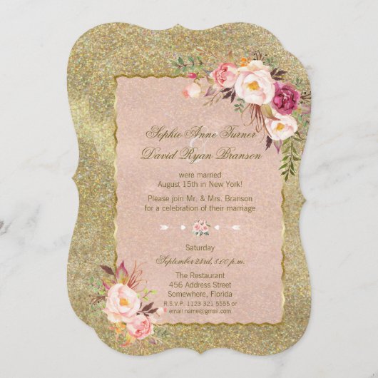 Invitation Soirée Mariage de Parties scintillant d'or rose vi (Devant / Derrière)