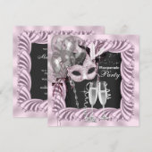 Invitation Soirée Mascarade au Champagne Noir Rose (Devant / Derrière)