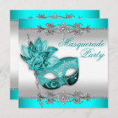 Invitation Soirée Mascarade bleu turquoise (Devant / Derrière)