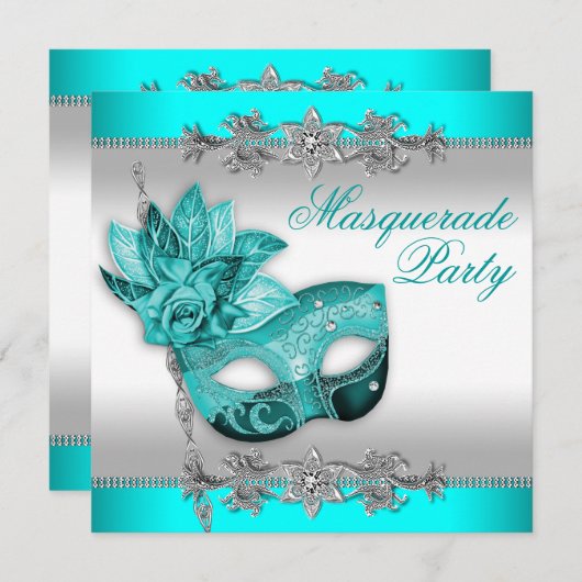Invitation Soirée Mascarade bleu turquoise (Devant / Derrière)