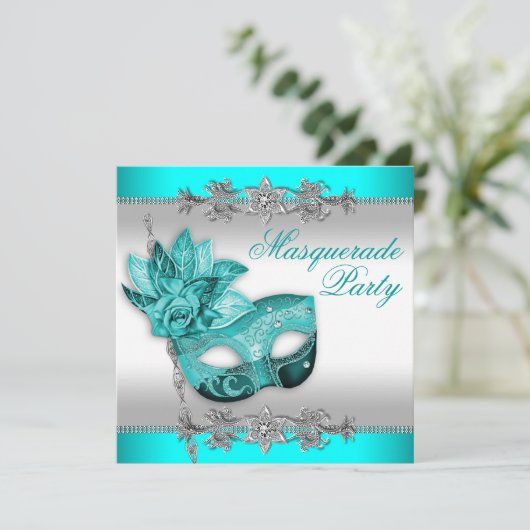 Invitation Soirée Mascarade bleu turquoise (Debout devant)