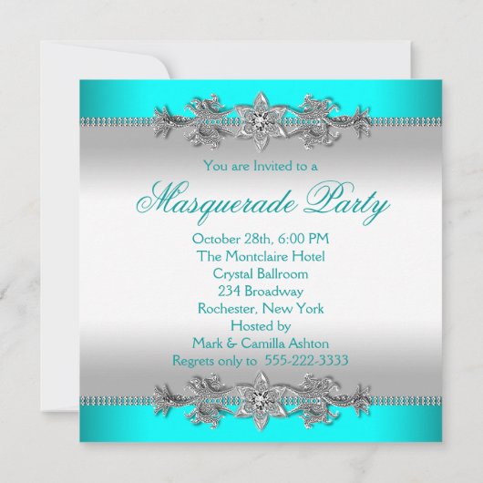 Invitation Soirée Mascarade bleu turquoise (Dos)