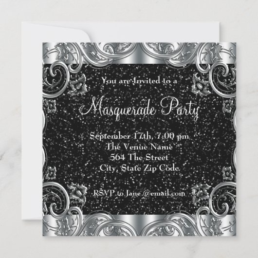 Invitation Soirée Mascarade Mascarade Masque Black Argent (Dos)