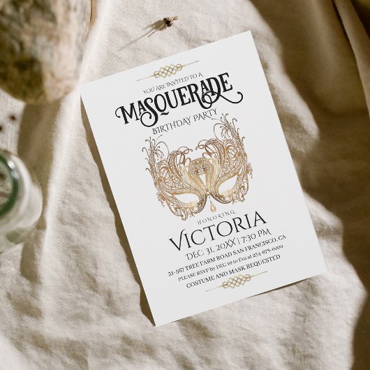 Invitation Soirée mascarade or Elégante Anniversaire