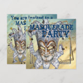 Invitation Soirée masquée Argent, Bleu et Or (Devant / Derrière)