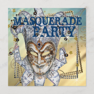 Invitation Soirée masquée Argent, Bleu et Or
