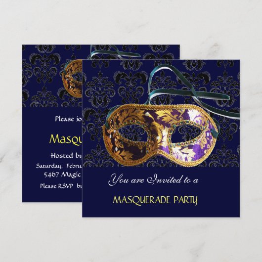 Invitation SOIRÉE MASQUÉE DAMAS bleu (Devant / Derrière)