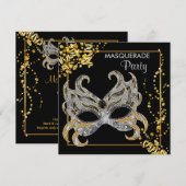 Invitation Soirée Masquée Élégante Argent Or (Devant / Derrière)