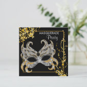 Invitation Soirée Masquée Élégante Argent Or (Debout devant)