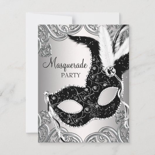 Invitation Soirée Masquée Masque Argent et Noir (Devant)