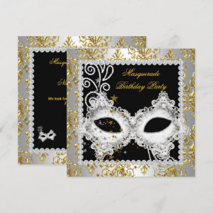 Invitation Soirée Masquée Masque Noir Damassé Argent Or 2