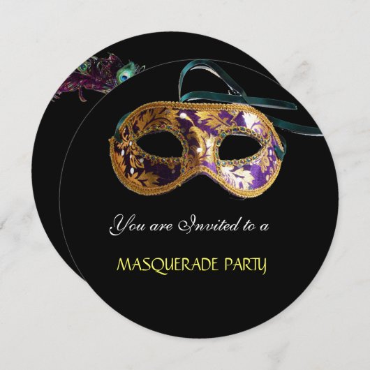 Invitation SOIRÉE MASQUÉE, Noir blanc bleu (Devant / Derrière)