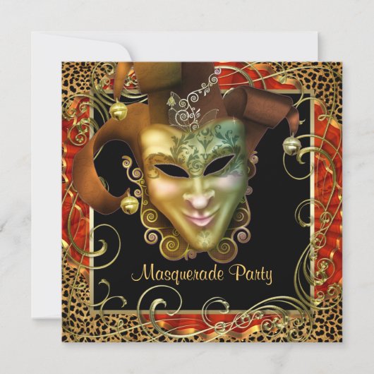 Invitation Soirée Masquée Orange Noir Or Léopard (Devant)