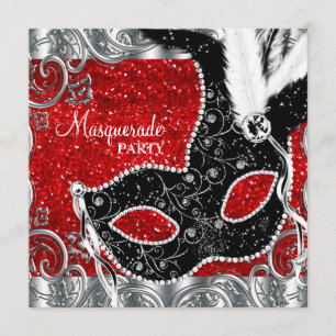 Invitation Soirée Masquée Rouge Argent et Masque Noir