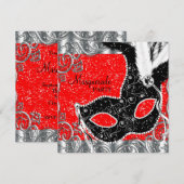 Invitation Soirée Masquée Rouge Argent et Masque Noir (Devant / Derrière)