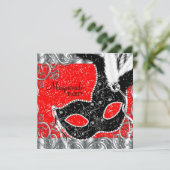 Invitation Soirée Masquée Rouge Argent et Masque Noir (Debout devant)