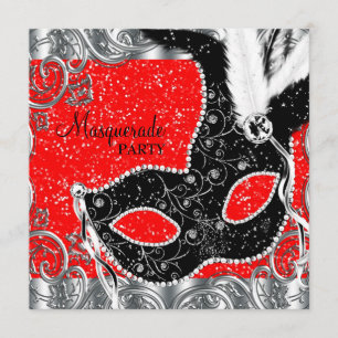 Invitation Soirée Masquée Rouge Argent et Masque Noir