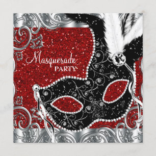 Invitation Soirée Masquée Rouge Argent et Masque Noir