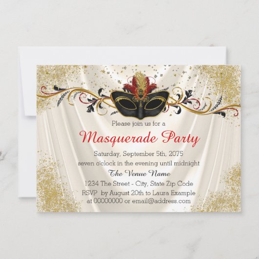 Invitation Soirée masquée rouge et or (Dos)