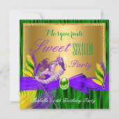 Invitation Soirée Masquée Sweet 16 Violet Vert Or (Devant)