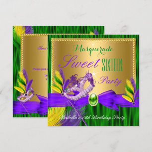 Invitation Soirée Masquée Sweet 16 Violet Vert Or