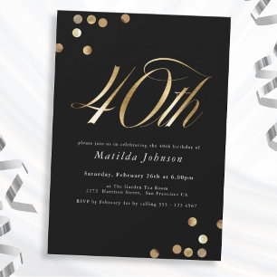 Invitation Soirée minimaliste Black and Gold 40th Birthday Pa