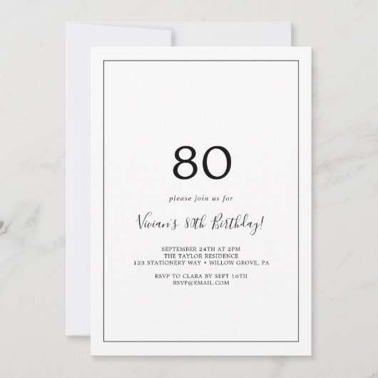Invitation Soirée minimaliste de 80e anniversaire (Devant)