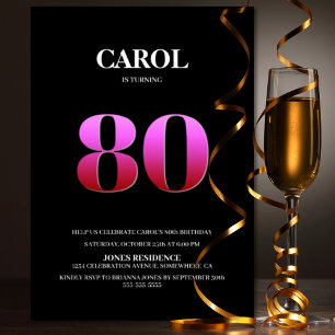 Invitation Soirée minimaliste de 80e anniversaire noir et ros