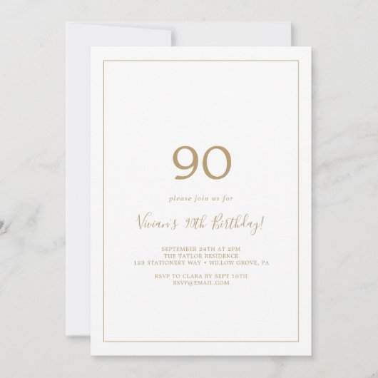 Invitation Soirée minimaliste Gold 90th Birthday (Devant)