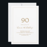 Invitation Soirée minimaliste Gold 90th Birthday<br><div class="desc">Cette invitation minimaliste à la fête du 90e anniversaire d'or est parfaite pour une simple fête d'anniversaire. Le design romantique moderne présente une typographie classique d'or et de blanc associée à une calligraphie rustique mais élégante avec un style vintage lettré à la main. Personnalisable dans n'importe quelle couleur. Gardez le...</div>