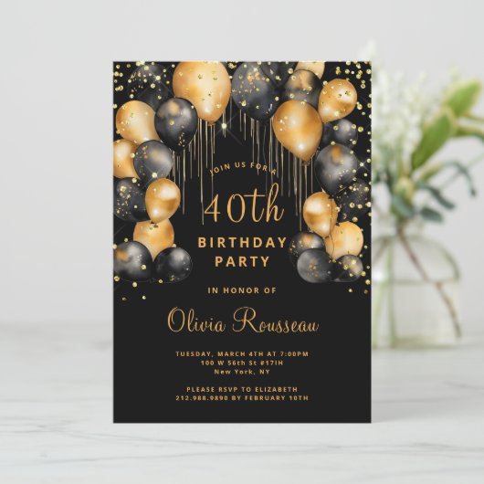 Invitation Soirée moderne 40e anniversaire Black Gold (Debout devant)