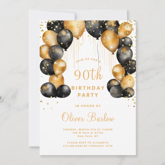 Invitation Soirée moderne 90e anniversaire Black Gold (Devant)