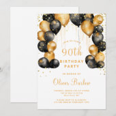 Invitation Soirée moderne 90e anniversaire Black Gold (Devant / Derrière)
