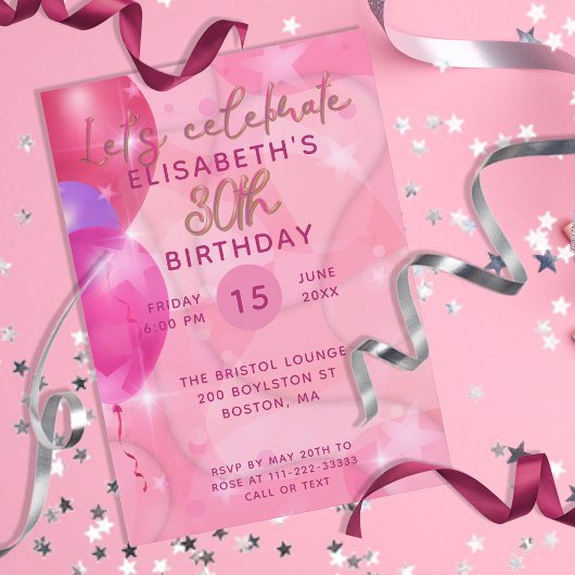 Invitation Soirée moderne moderne avec ballons roses 30e anni