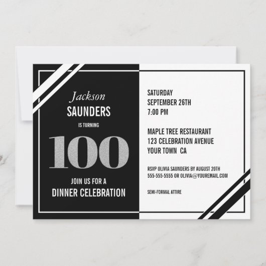 Invitation Soirée moderne Noir Blanc 100e anniversaire (Devant)