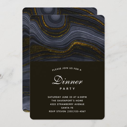 Invitation Soirée moderne Noir et Or Agate Pierre (Devant / Derrière)