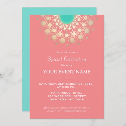 Invitation Soirée Motif en Corail Rose et Gold Circle (Devant / Derrière)
