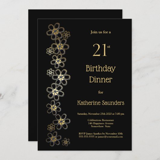 Invitation Soirée Noir et Or 21e anniversaire (Devant / Derrière)