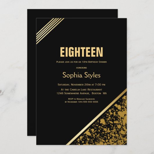 Invitation Soirée Noire et Or 18e anniversaire (Devant / Derrière)