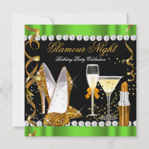 Invitation Soirée Paillettes Luxe Vert Citron Or Noir Fête