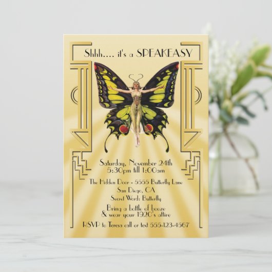 Invitation Soirée Papillon Speakeasy Flapper Gatsby (Debout devant)
