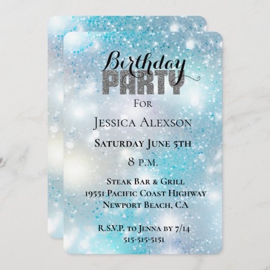 Invitation Soirée Parties scintillant Aqua Blue Bokeh Anniver (Devant / Derrière)