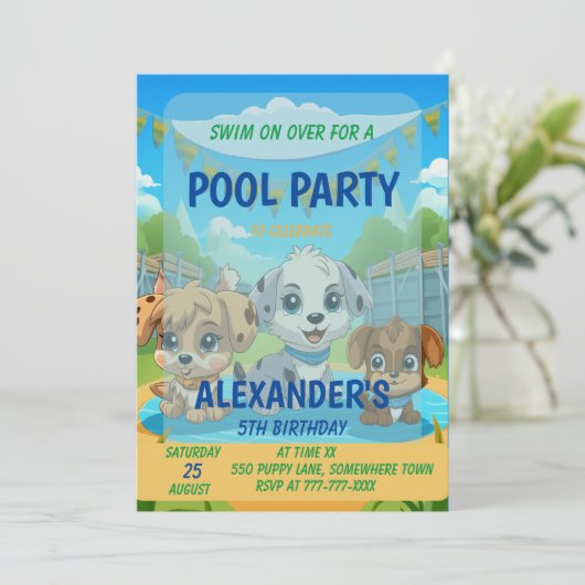 Invitation Soirée Puppy Pool Party Anniversaire personnalisé (Debout devant)