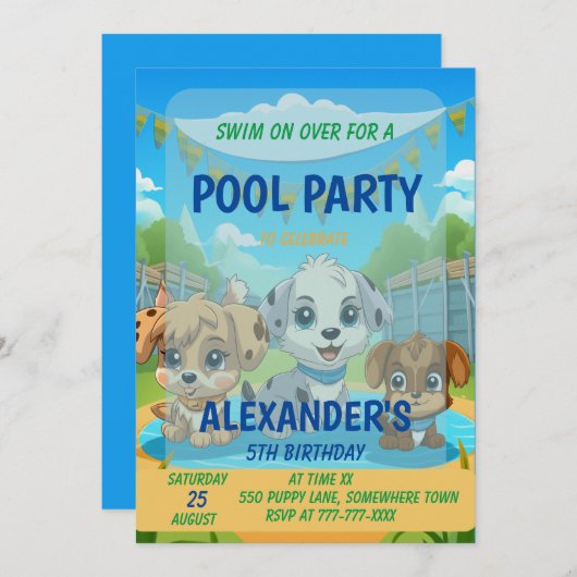 Invitation Soirée Puppy Pool Party Anniversaire personnalisé (Devant / Derrière)