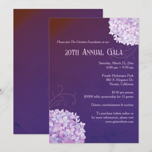 Invitation Soirée Purple Hydrangeas Gala annuel (Devant / Derrière)