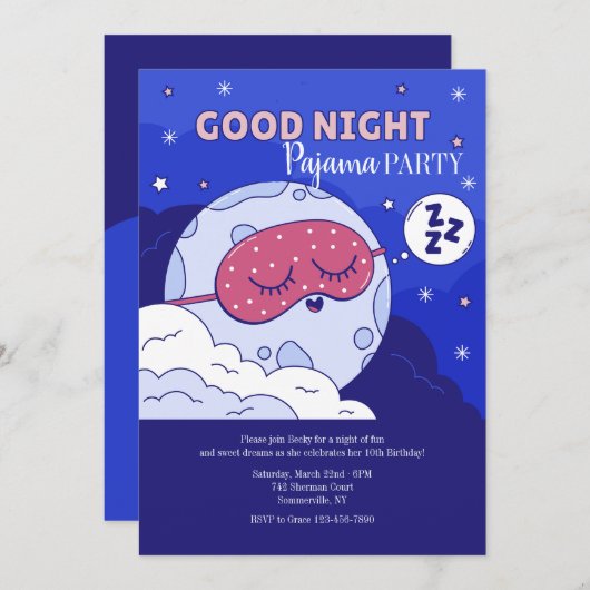 Invitation Soirée Pyjama Bonne Nuit (Devant / Derrière)