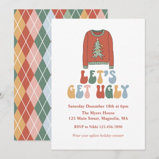 Invitation Soirée rétro de Noël avec des pulls moches (Devant / Derrière)